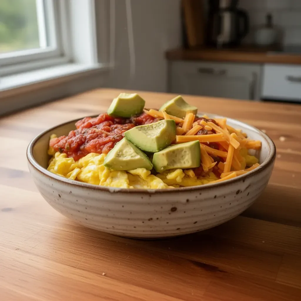 Frukost burrito skål med ägg, grönsaker och tortilla i en skål
