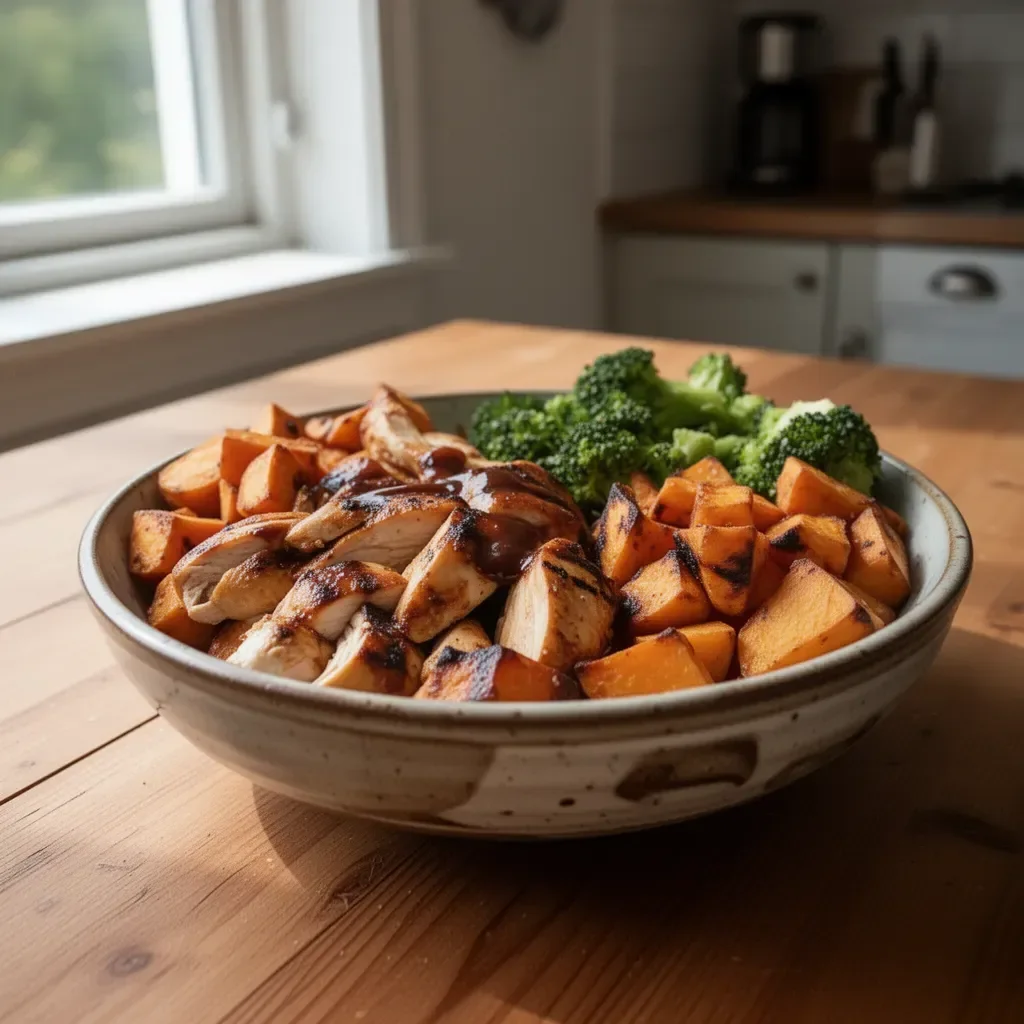 Grillad kyckling och sötpotatis skål på en tallrik