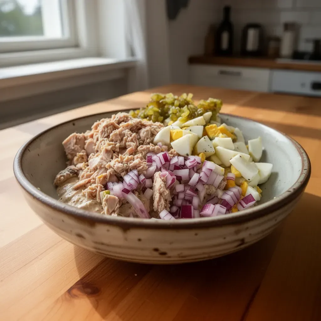 Hälsosam tonfiskäggsallad med fräscha ingredienser och färgglada grönsaker.