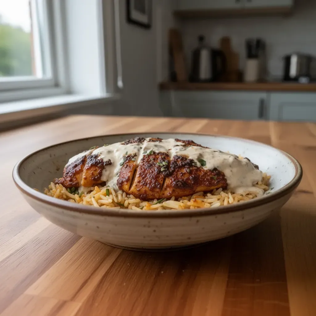 Högproteinskrämig Cajunkyckling med ris på en tallrik