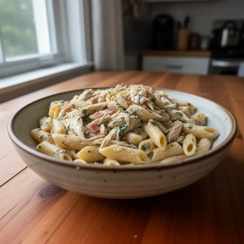Tillagad Instant Pot Kyckling Bacon Ranch Pasta med bacon och ranch sås
