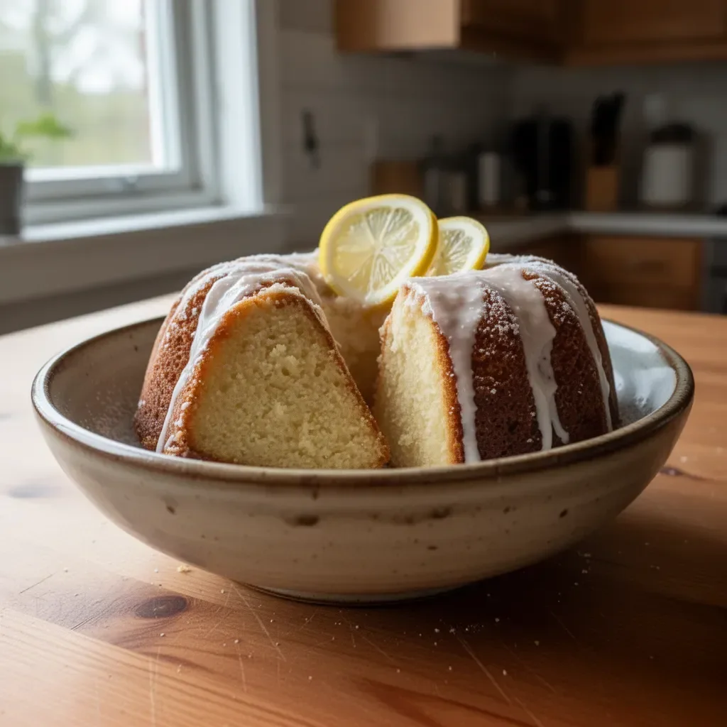 Italiensk citronpoundkaka på ett bord med dekorationer
