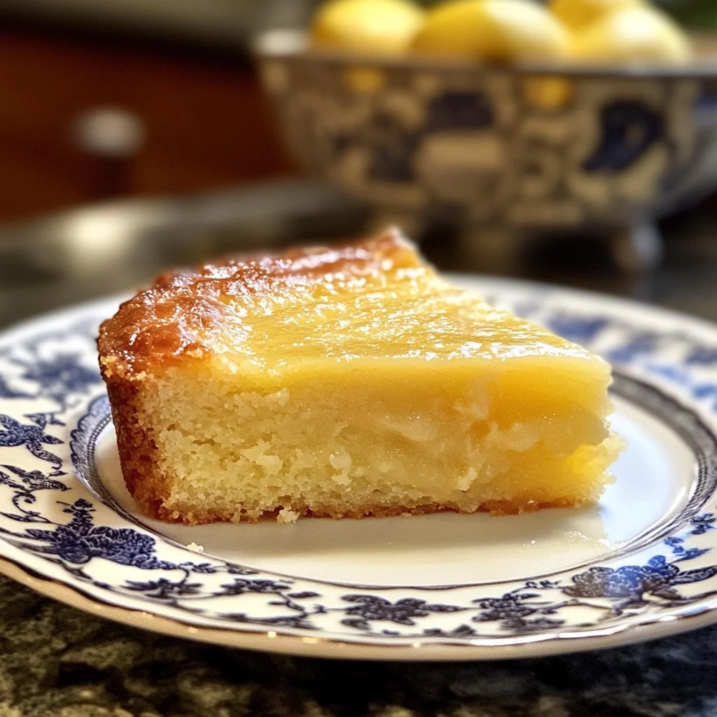 Italiensk mormors citronpuddingkaka med citronskivor och grädde
