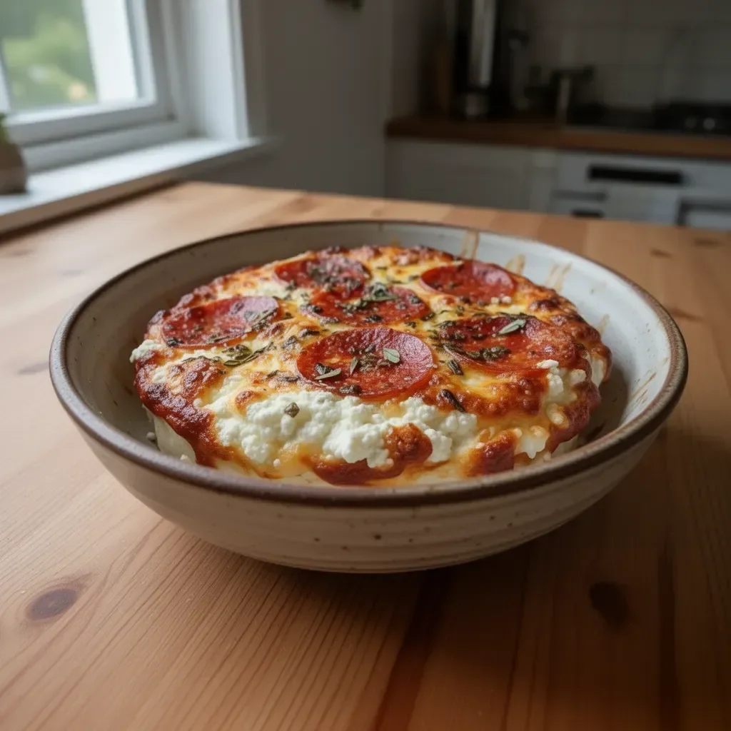 Keso-pizzaskål fylld med grönsaker och smält ost, en hälsosam måltid.