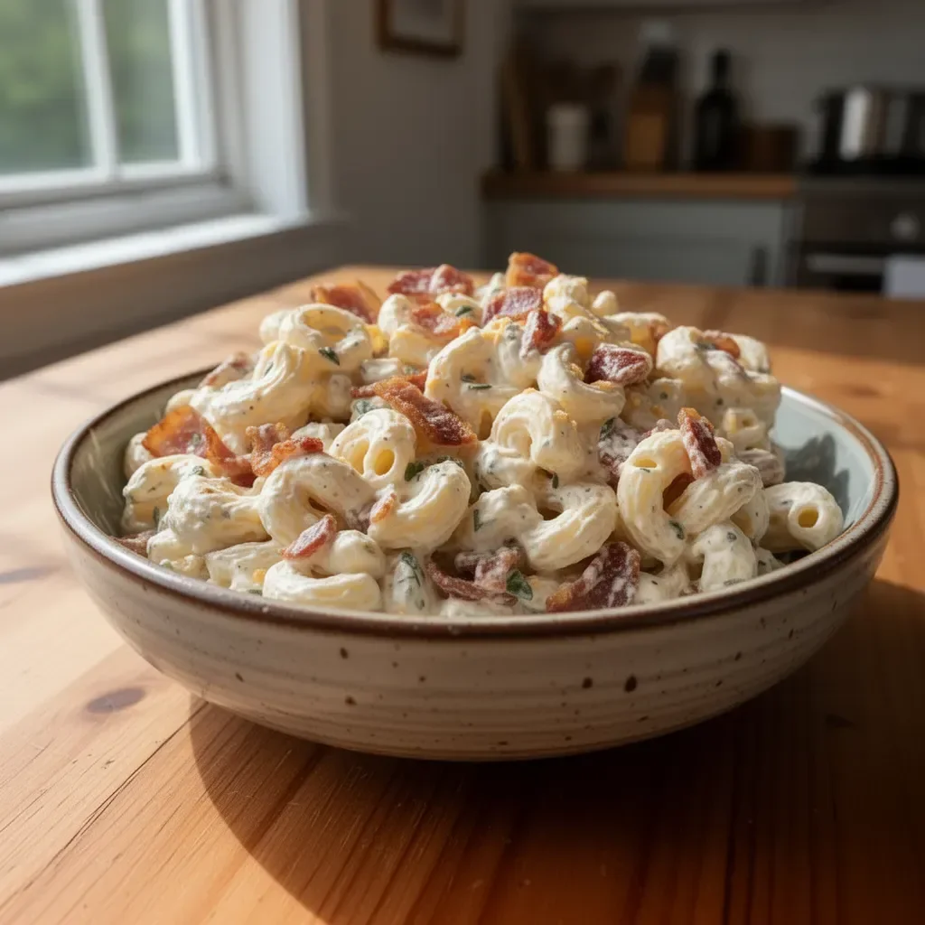 Krämig bacon cheddar ranch pastasallad med pasta, bacon och dressing