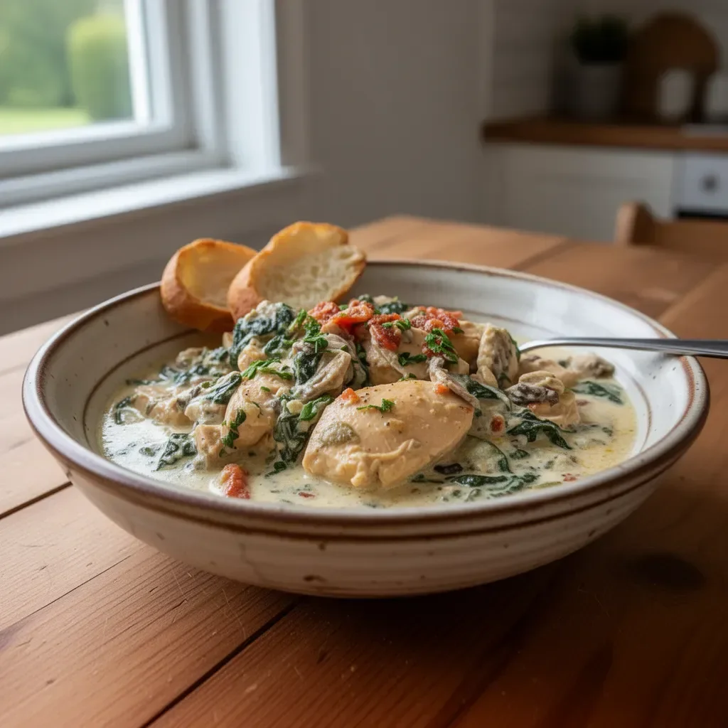 Kock som lagar krämig Crockpot Toskanakyckling i en slow cooker.