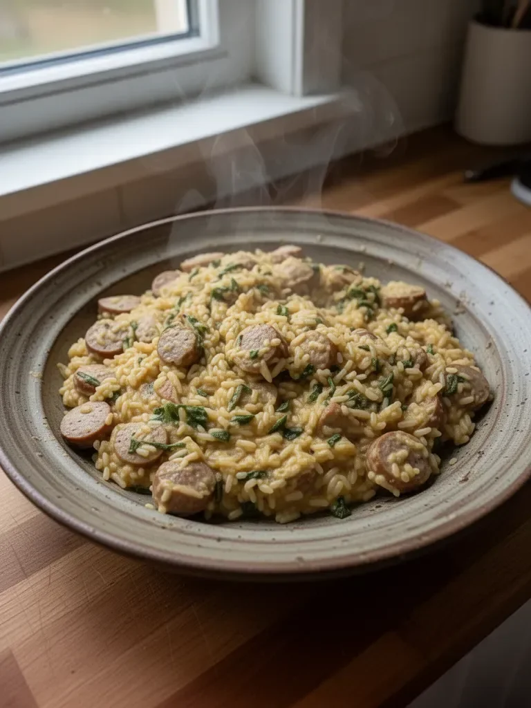 Krämig en-grytas kycklingkorv och ris
