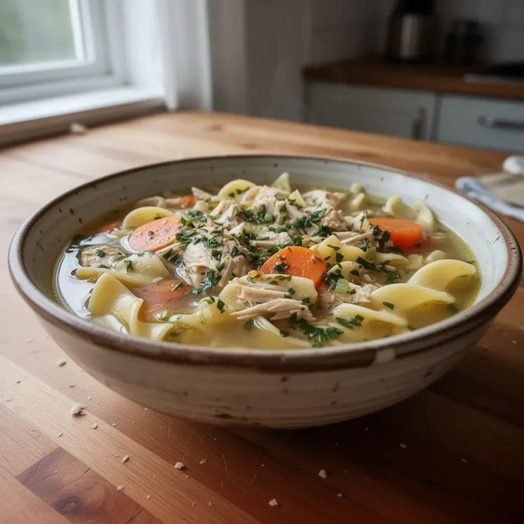 Kryssningspott med kyckling nudelsoppa i en skål med färska örter.
