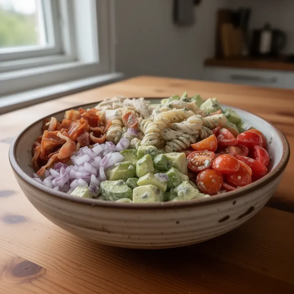 En läcker tallrik med kyckling, bacon och ranchpastasallad.