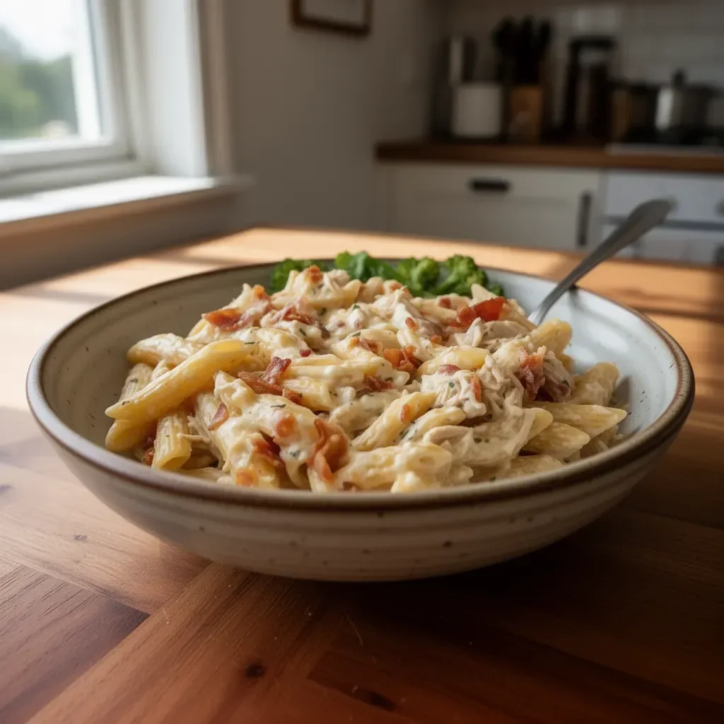 Kyckling Bacon Ranch Bakad Penne med krämig sås och knaprig bacon