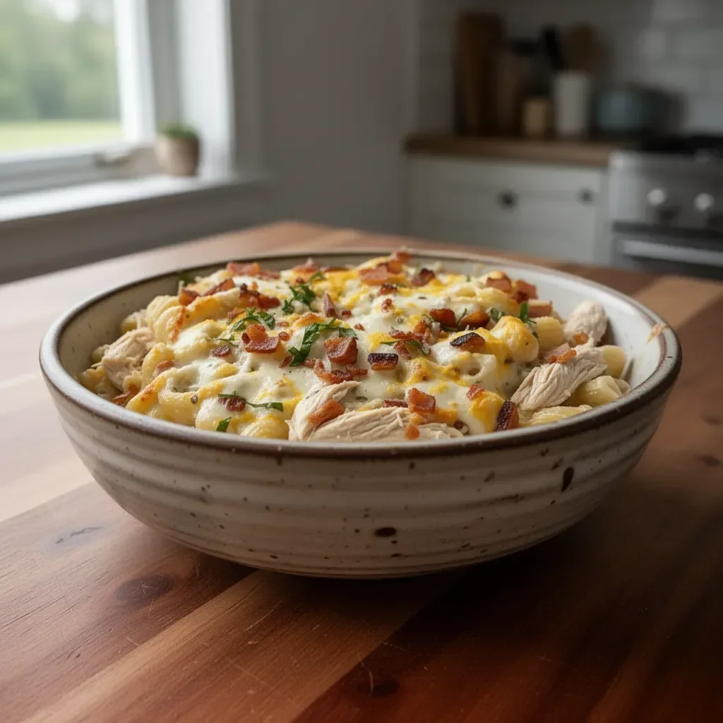 Kyckling Bacon Ranch Pasta Casserole med krämig sås och goda ingredienser