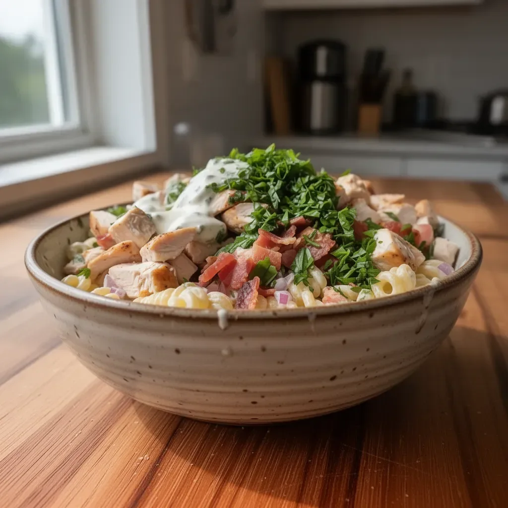 Kyckling Bacon Ranch Pastasallad med krispiga grönsaker och smakrik dressing