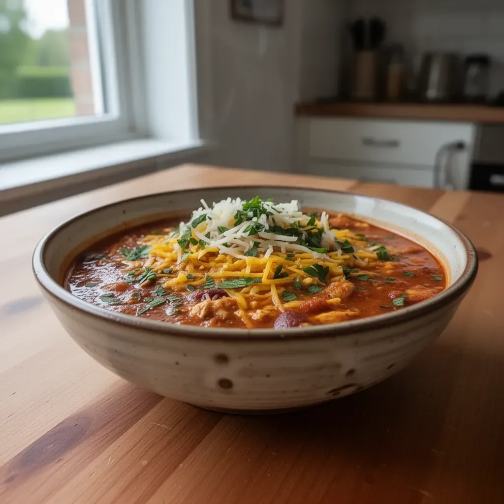 Långsamkokt ostig kycklingchili i en skål, garnymerad med färsk koriander.