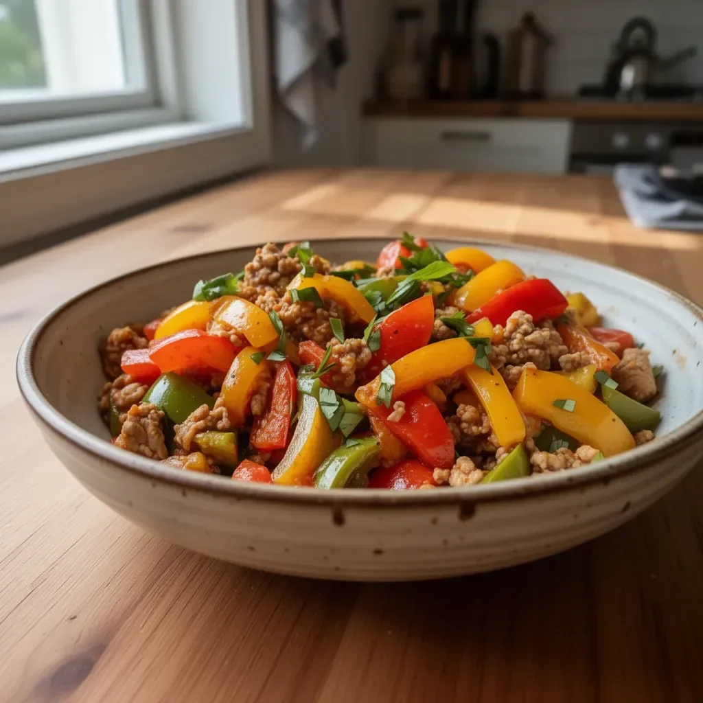 Markunderskalkad kalkon och paprika på tallrik med färgglada grönsaker