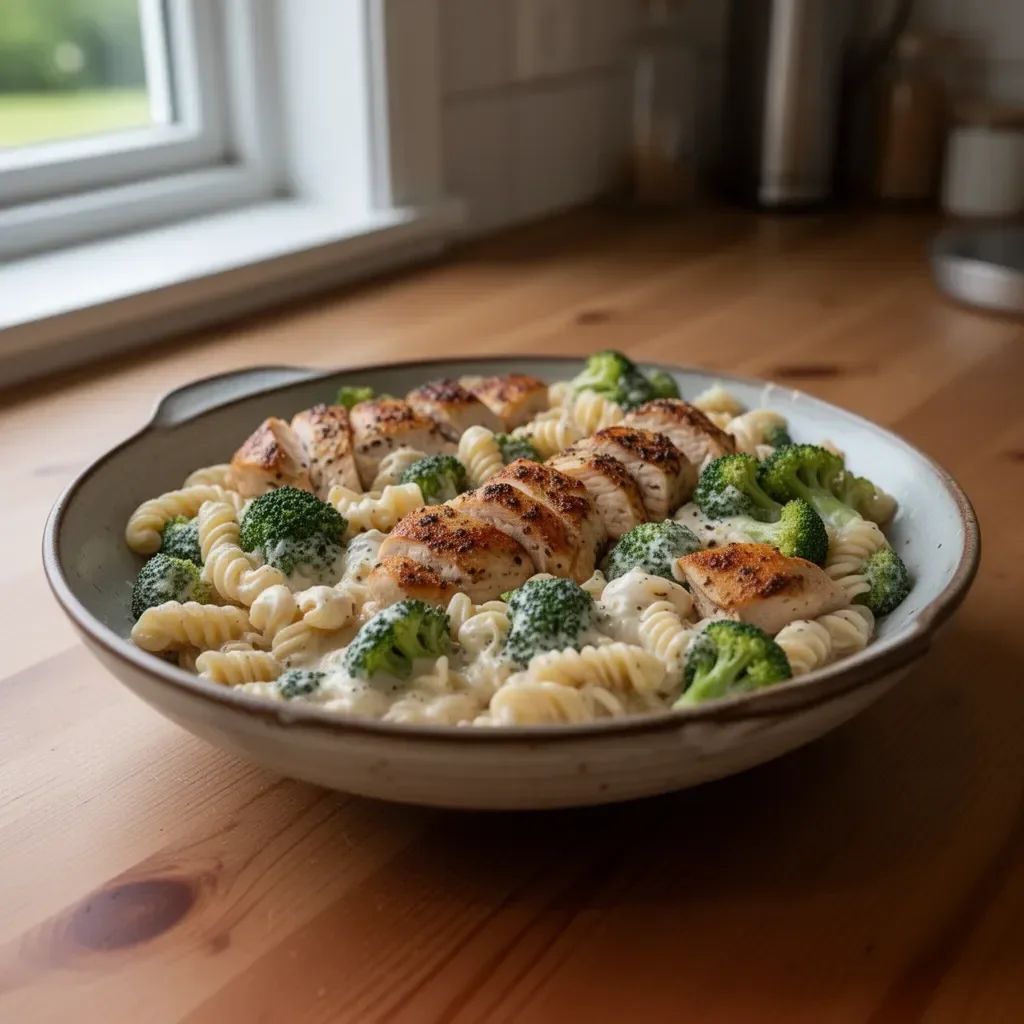 Läcker rotisseriekyckling serverad med broccolipasta på tallrik.