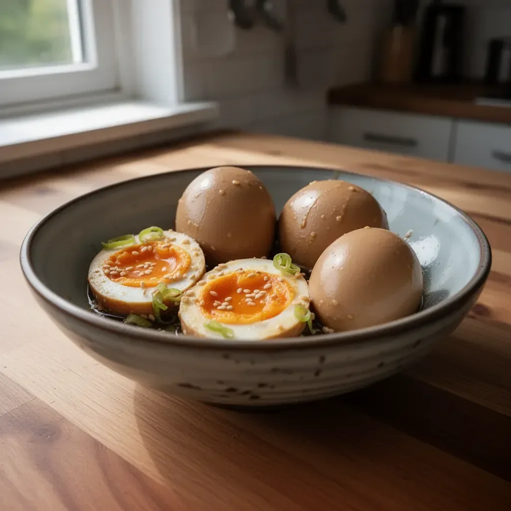 En tallrik med sojaägg i en färgglad miljö