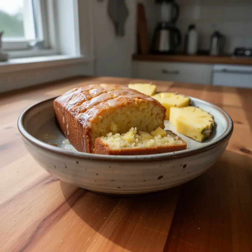 Läckert ananasbröd på tallrik med ananasbitar bredvid