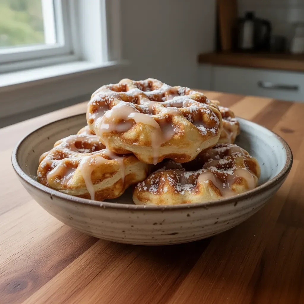 Äppelkräm waffle donuts med kanelströssel och äppelbit