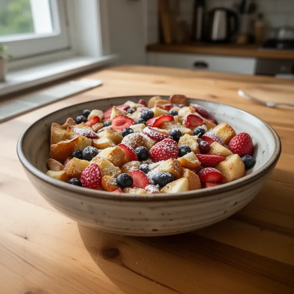 Bärig fransk toast-gratäng med frukt och sirap