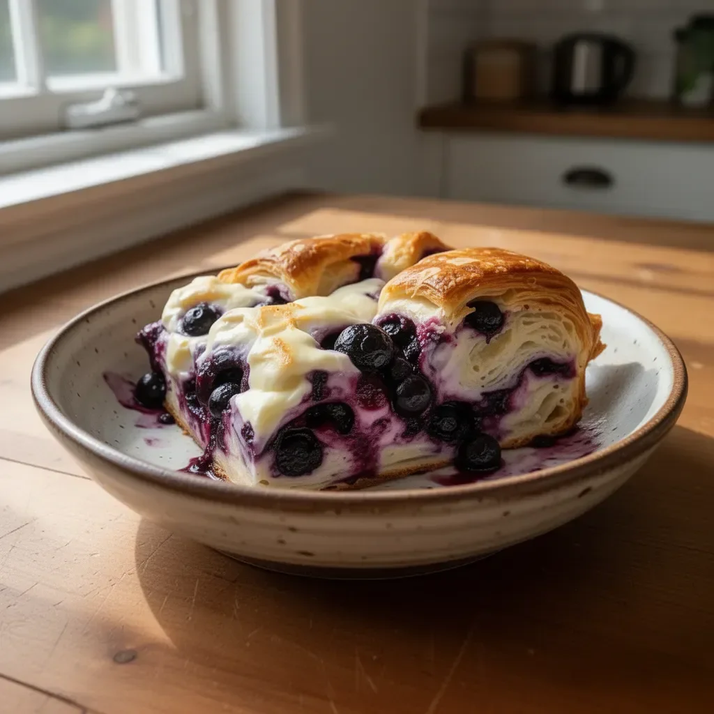 Blåbärsgräddeost Croissant Casserole med läcker blåbärstopping