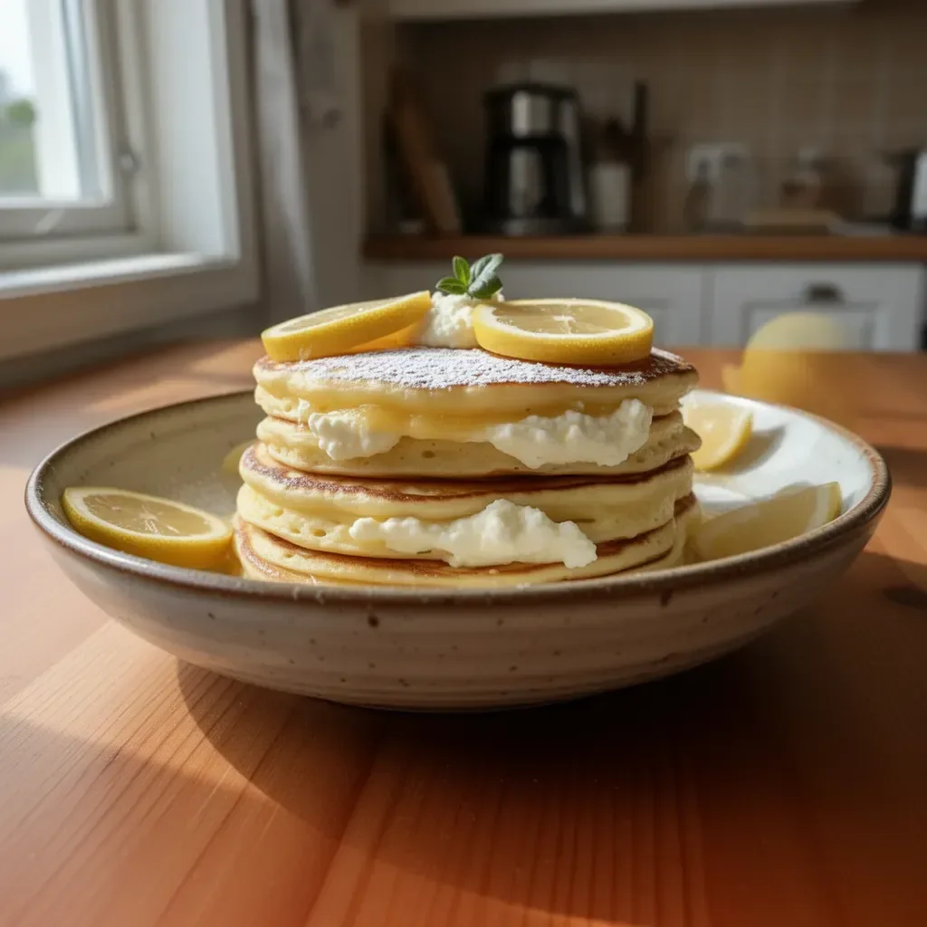 Citrontarte Ricotta-pannkakor med citron, ricotta och bär på en tallrik.