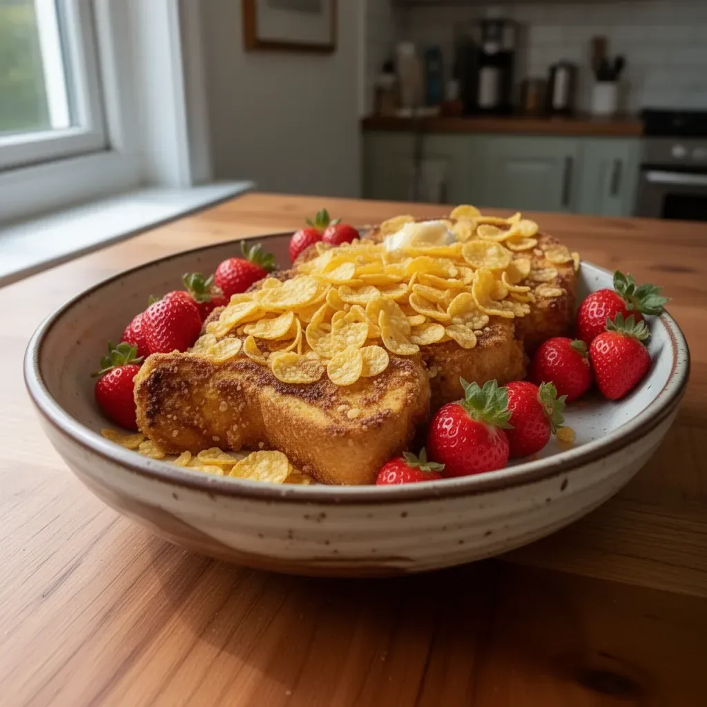 Corn Flake Fransk Toast med sylt och grädde på tallrik