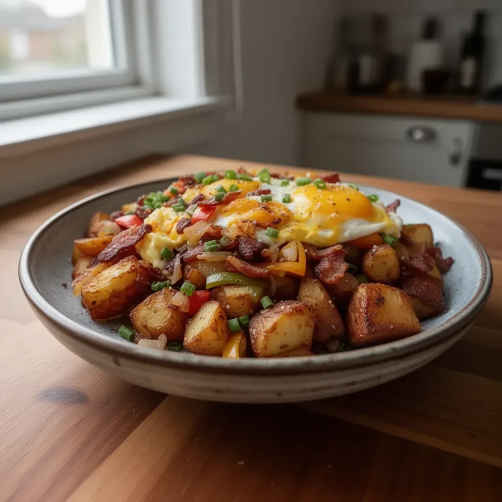 Crispy Loaded Breakfast Hash med potatis och bacon på tallrik