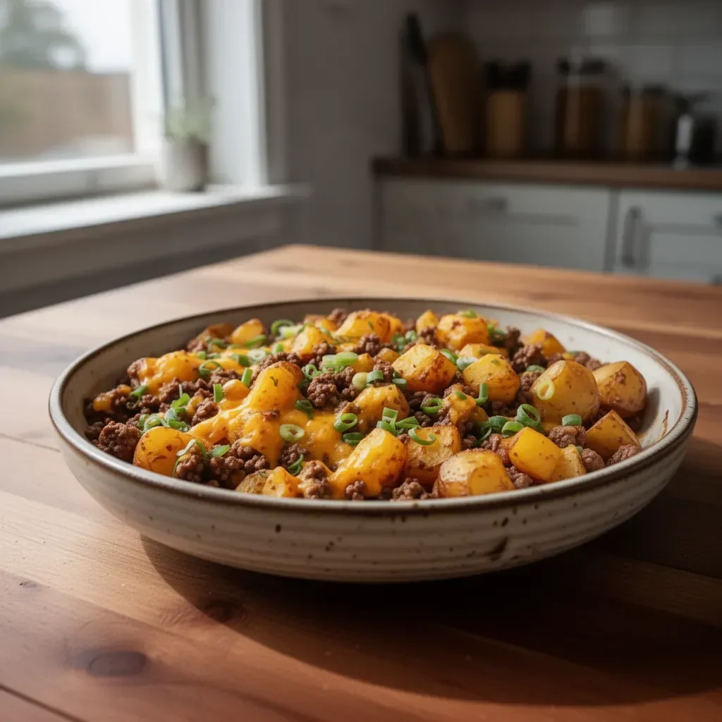 Enkel en-panna nötfärs och potatis rätt lagad i panna.