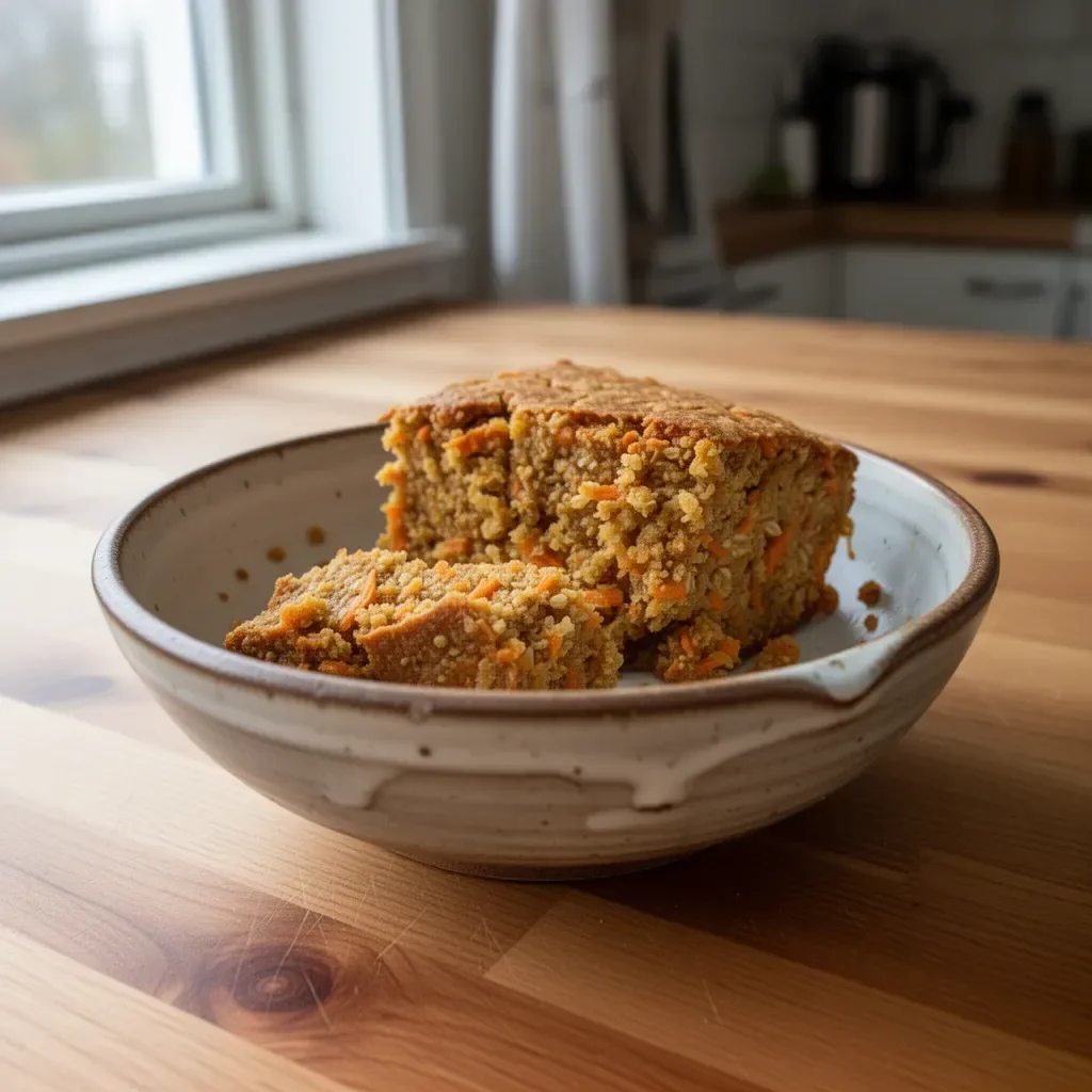 En skiva enkel glutenfri havre-morotskaka på ett fat