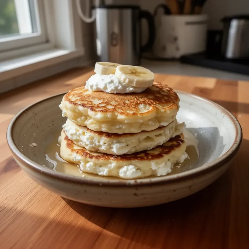 Fluffiga banan- och keso-pannkakor på tallrik med frukt