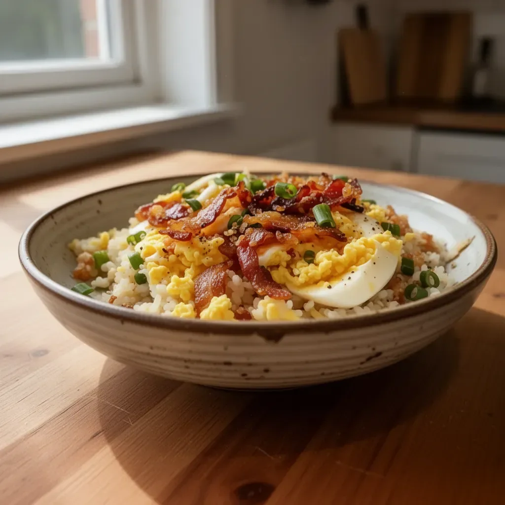 En skål med Frukost Stekt Ris, fylld med färska grönsaker och ägg.
