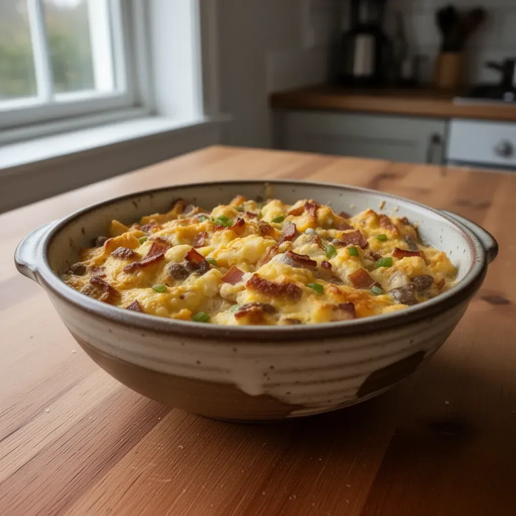 Frukostgryta med grönsaker och ägg i en tallrik