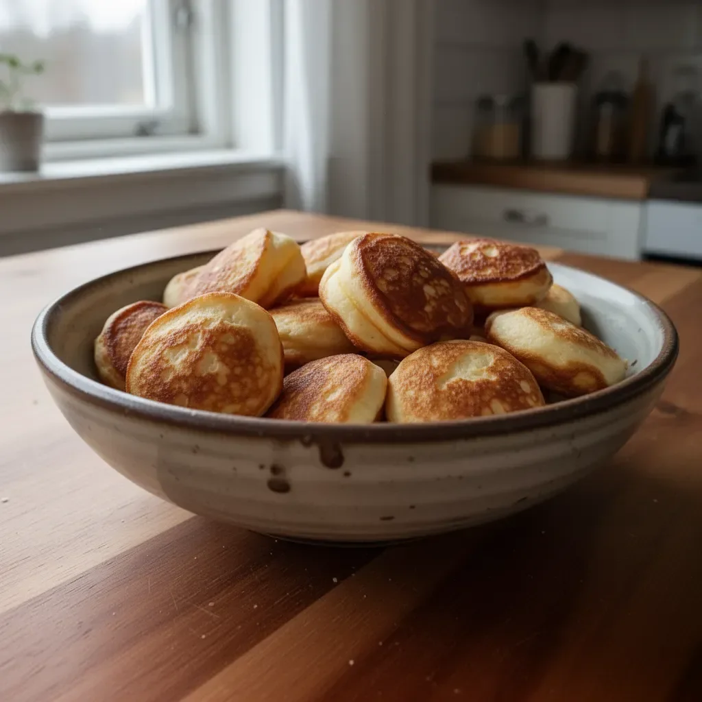 Frukostpannkaks-poppers serverade på en tallrik med frukt