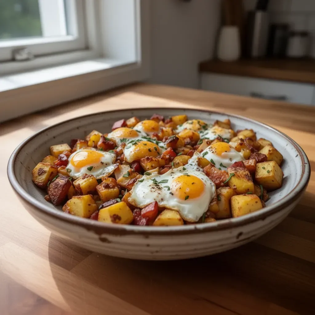 Hjärtliga Frukost Hash med potatis, ägg och grönsaker