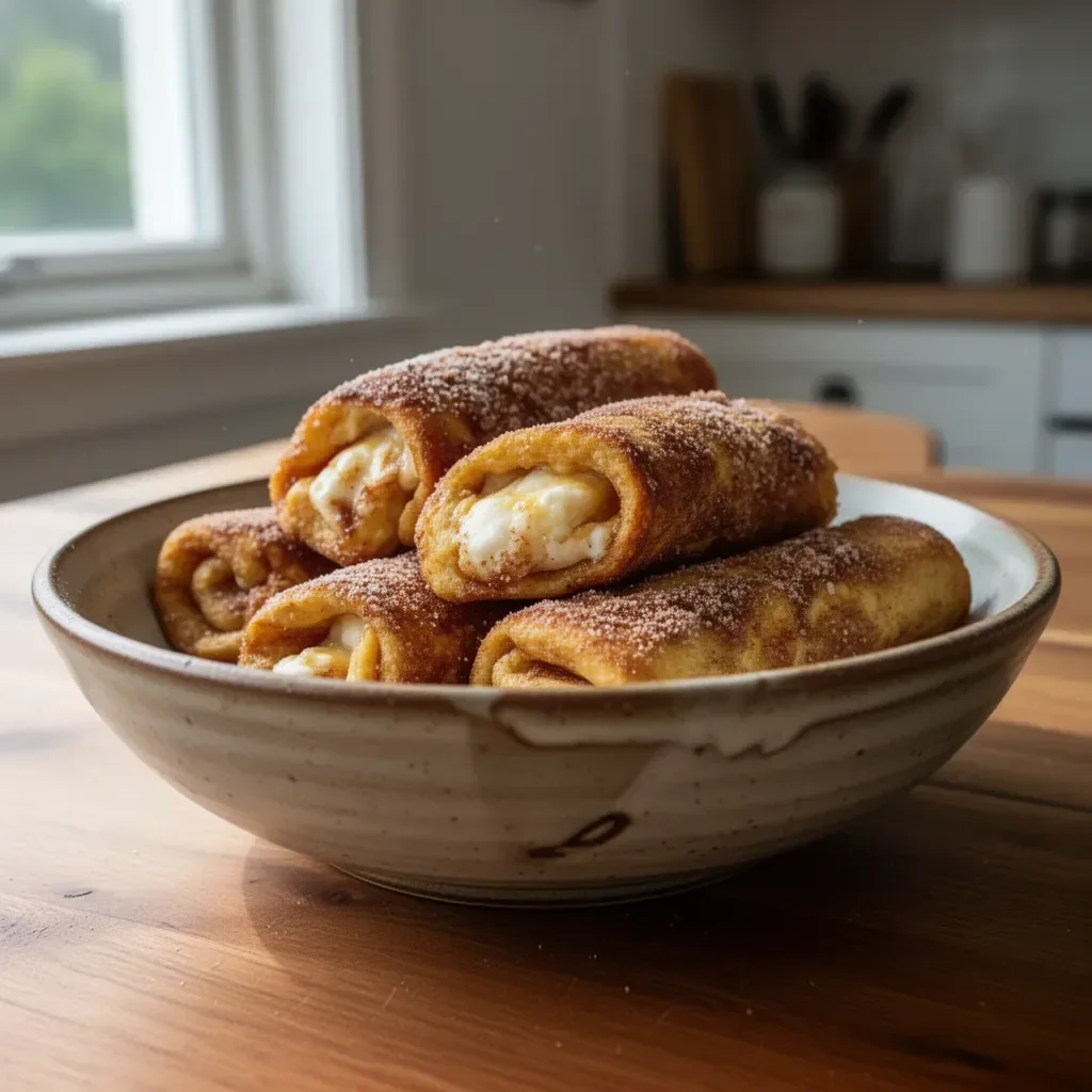 Kanel Socker Franska Toast Rullar med sirap och frukter.