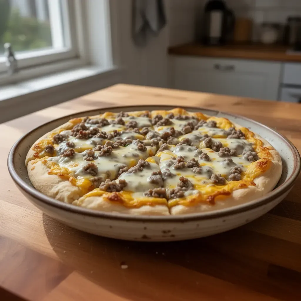 Frukostpizza med kex och korvsås på en tallrik.