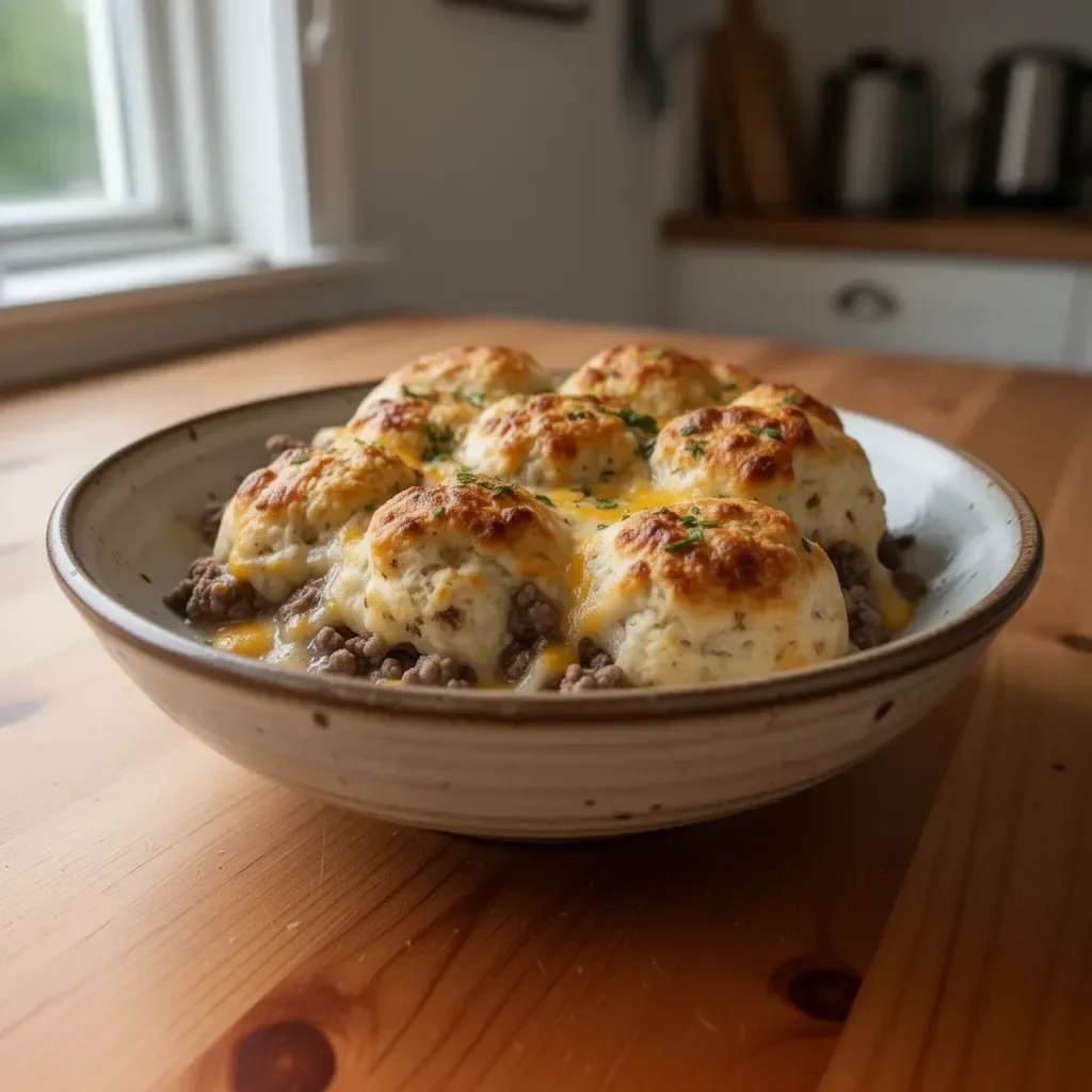 Köttfärs- och kexbaksrätt med smakrika ingredienser.