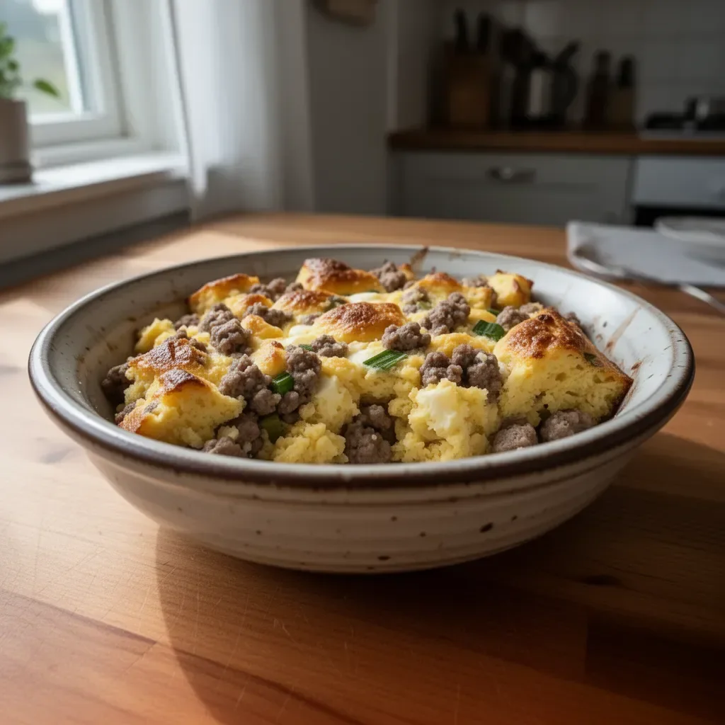 Lätt korvfrukostcasserole med ägg och grönsaker i en ugnsform