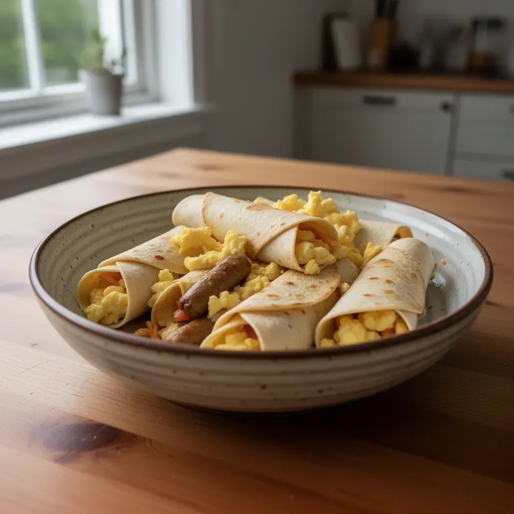 Lätta frukosttaquitos med ägg och grönsaker på en tallrik