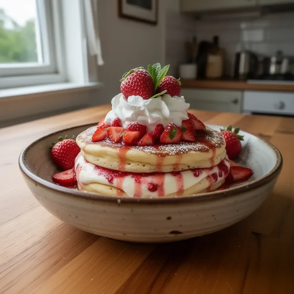 Mjuka jordgubbscheesecakepannkakor med färska jordgubbar och grädde
