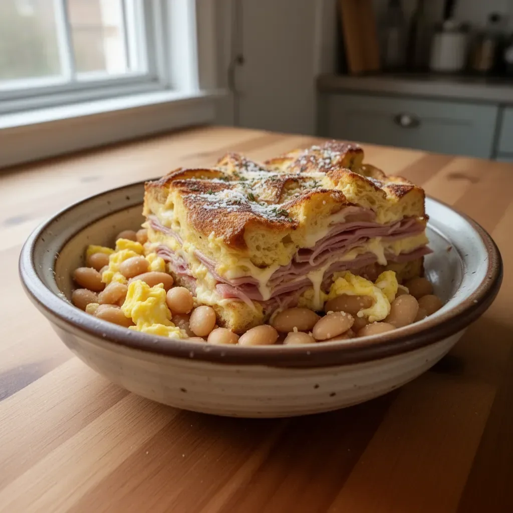 Monte Cristo-frukostcassoulet med skinka och ägg