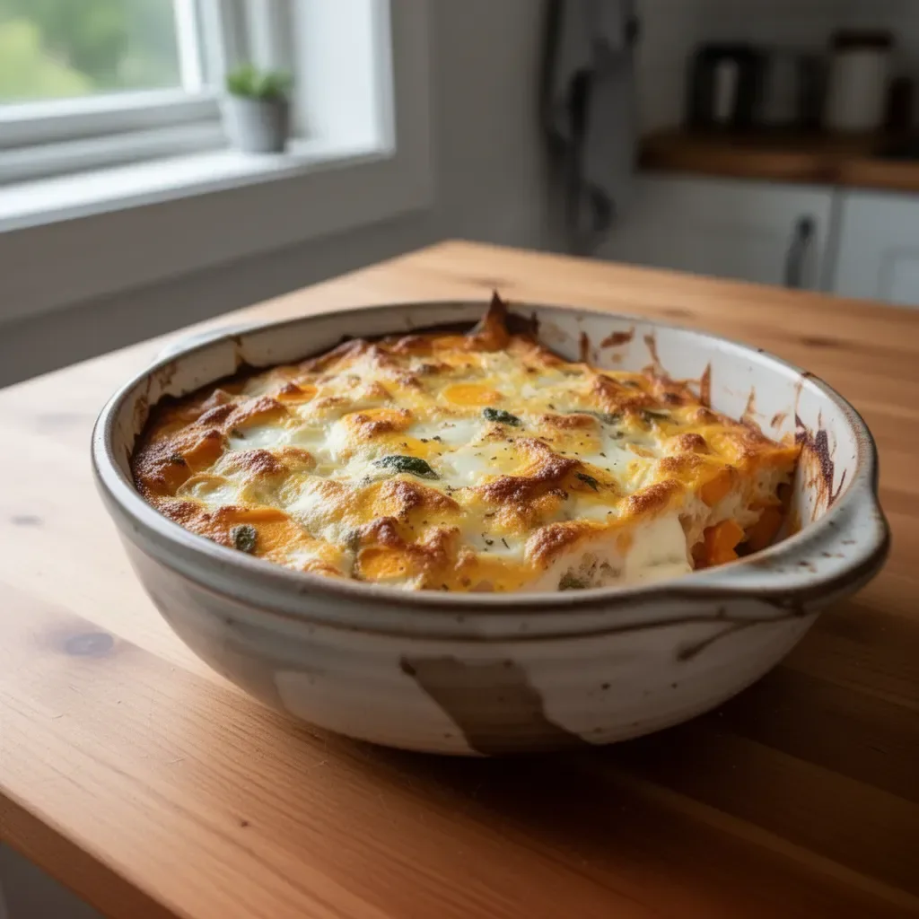 Sötpotatis och äggcasserole med proteinrikt innehåll