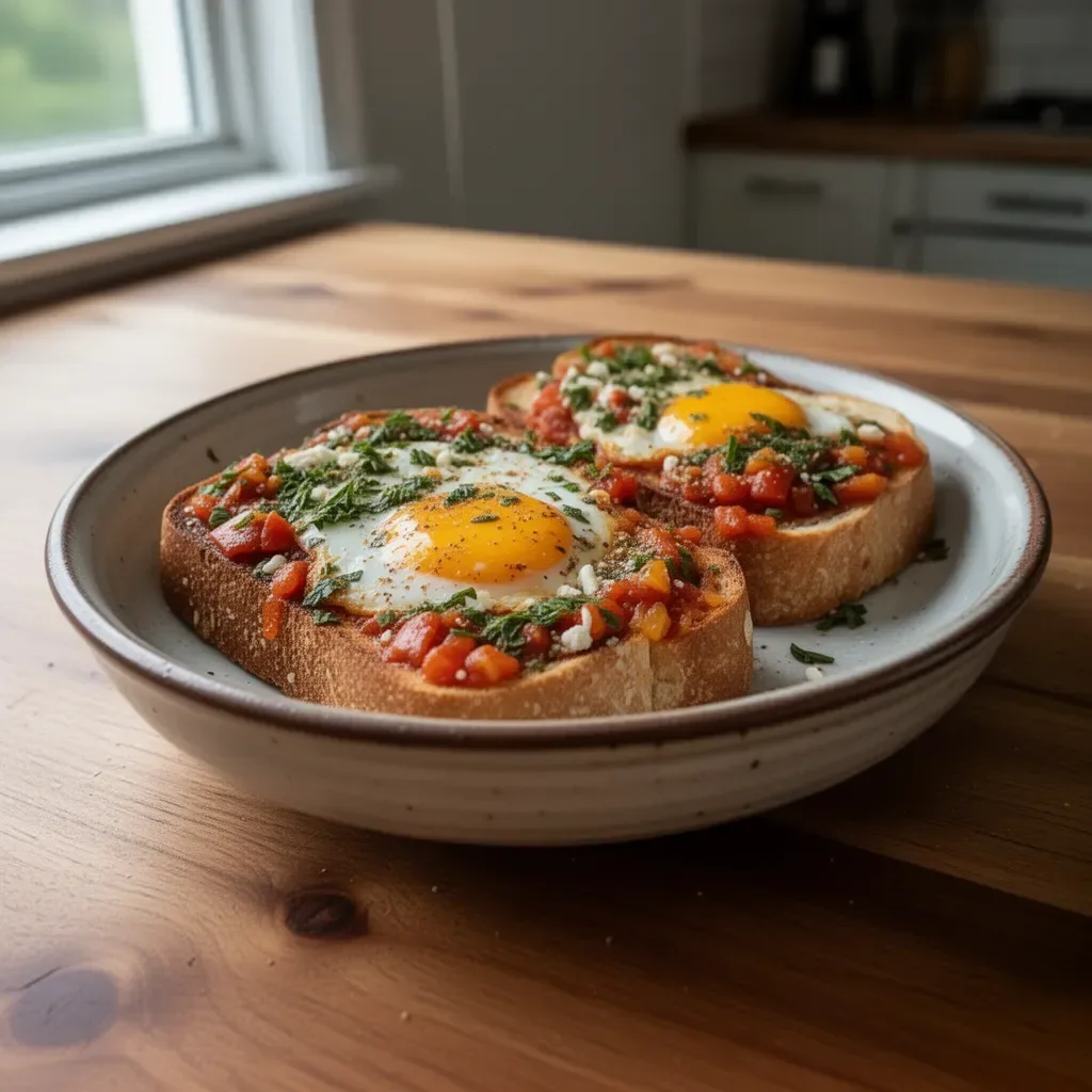 Delikat Shakshouka Toast med ägg och kryddor på en tallrik.