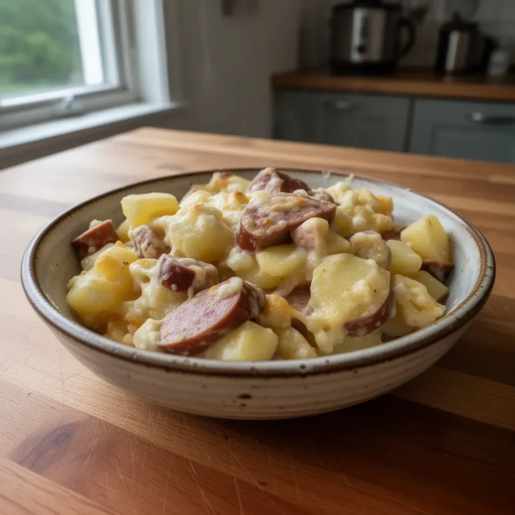 Slow Cooker Korv- och Potatisgratäng med korv och potatis i en skål.