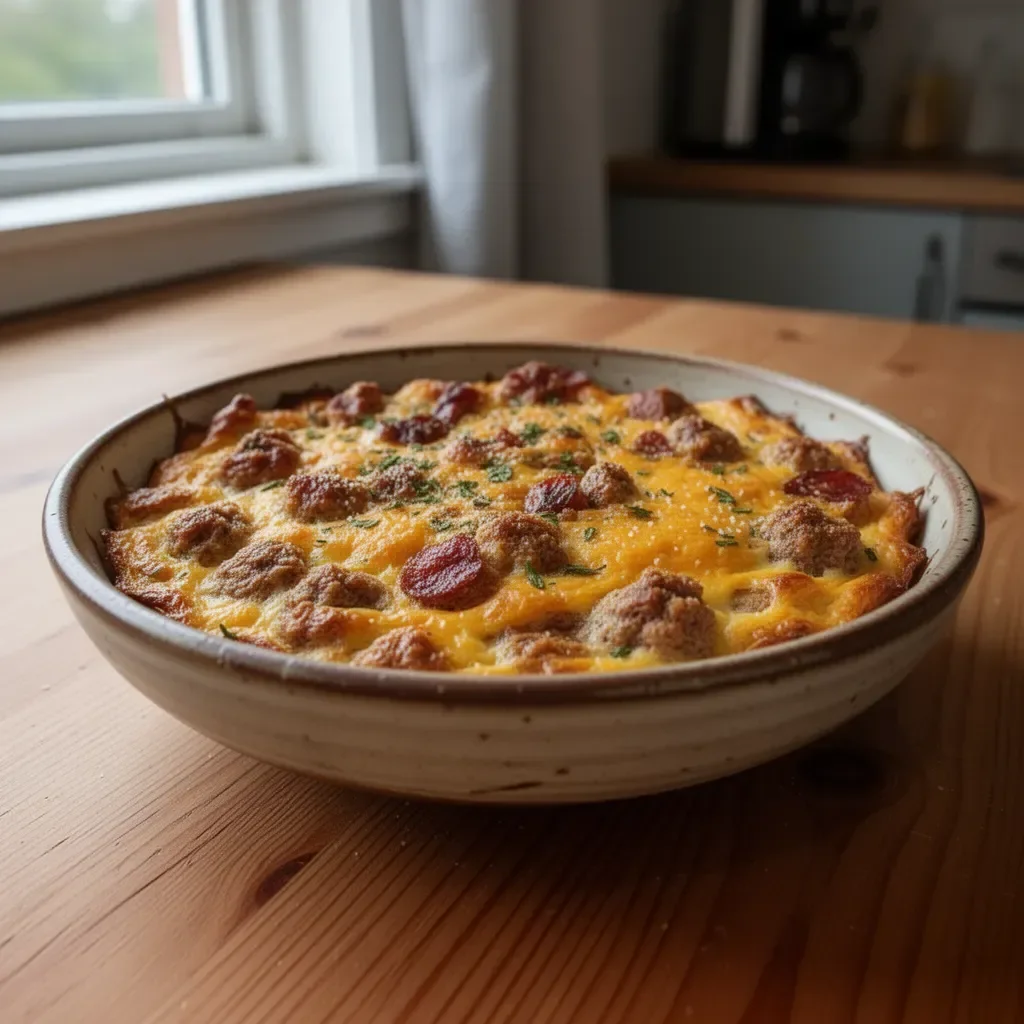 Spröd frukostgratäng med gyllene yta och goda ingredienser