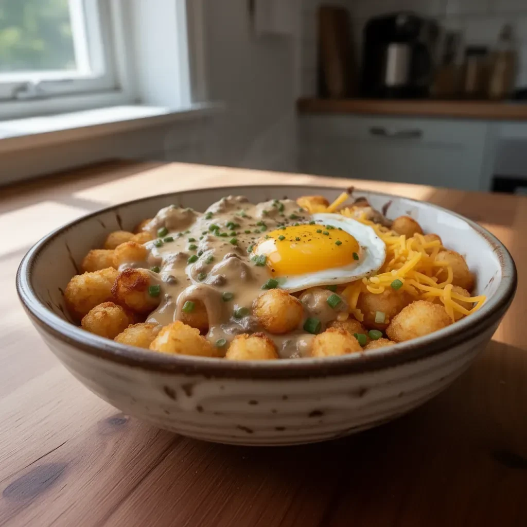 Delikat Tater Tot Frukostskål med ingredienser och pynt