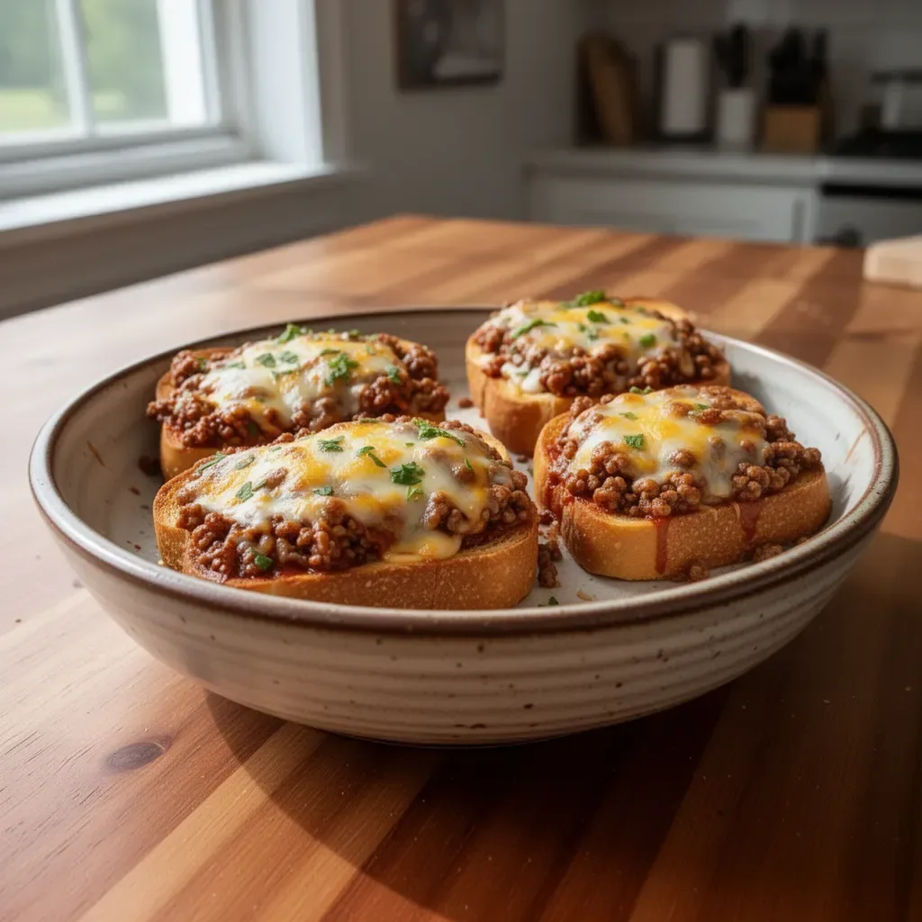 Texas Toast Sloppy Joes serverade på en tallrik med grönsaker