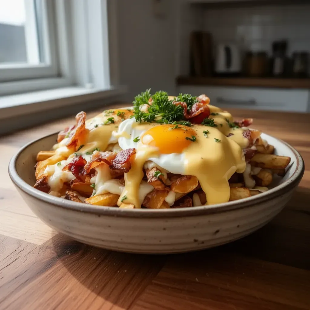 Ultimate Breakfast Poutine med krämig hollandaise-sås på tallrik